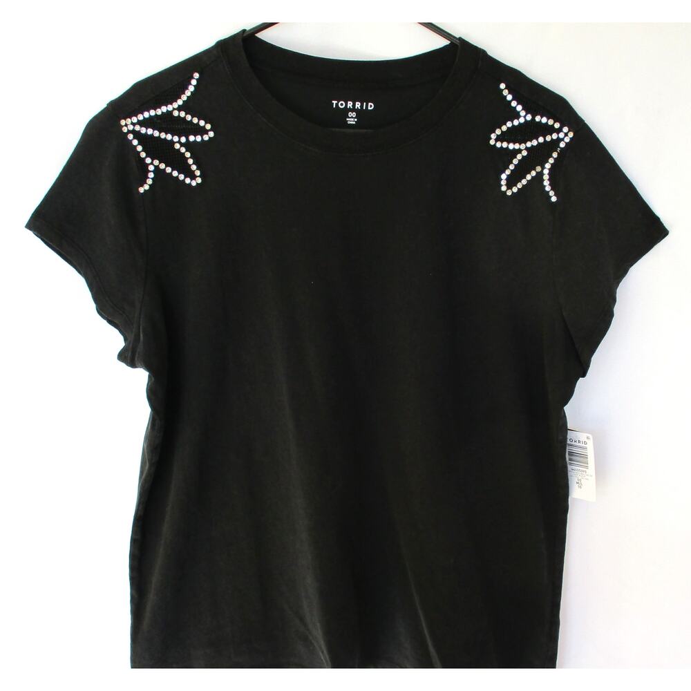 Nwt TORRID Sz 00 Black Embellished Shoulder Crew Tee Women Sz 10 M/L